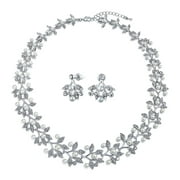 Simulated Pearl Leaves Necklace Earrings Set Rhodium Plated