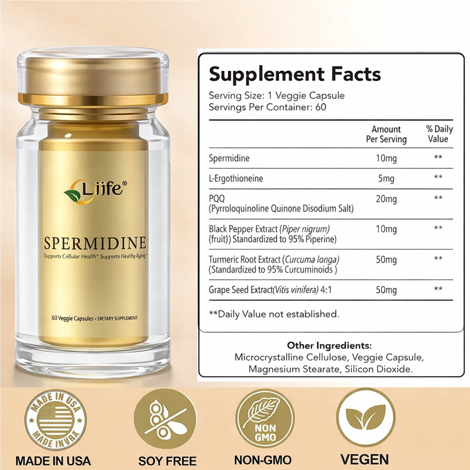 LIIFE Spermine Supplement for Women & Men（6-in-1 Formula）— 60 Vegan for Cellular Health, Anti-Aging & Energy* - Made in USA - 10MG Spermine Per Serving