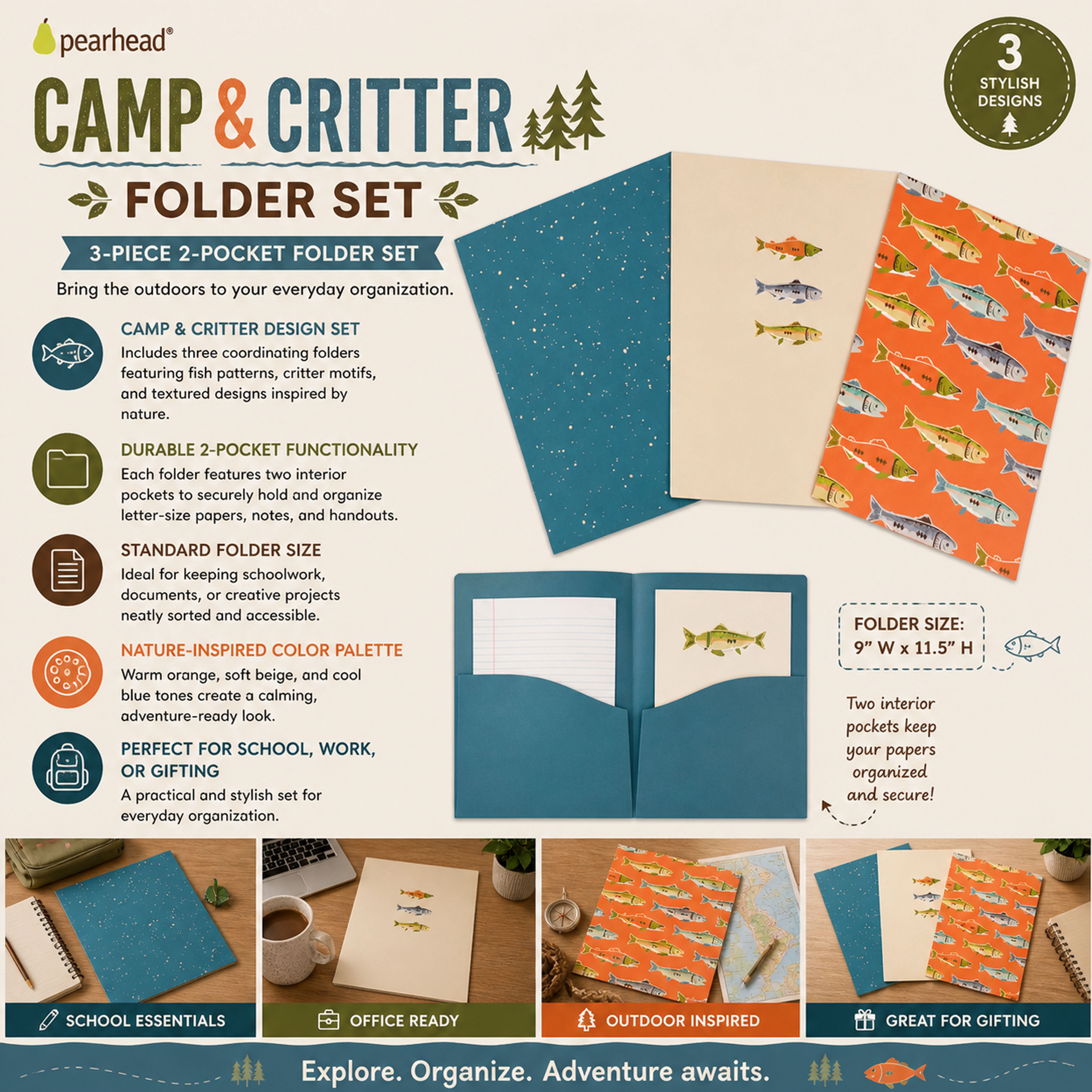 Pearhead Camp & Critter 2 Pocket Folder Set of 3