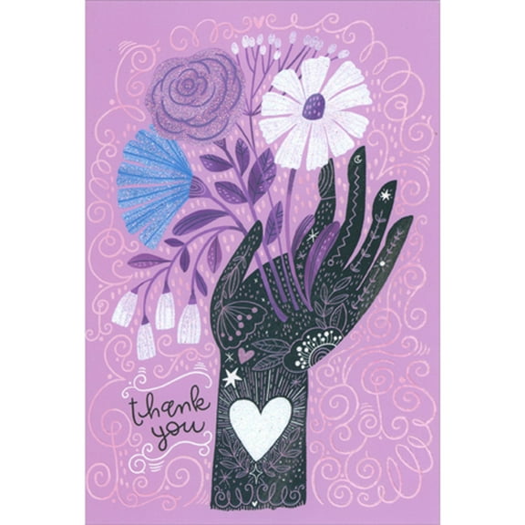 Pictura Sparkling White Heart and Handful of Purple, Blue and White Flowers Thank You Card