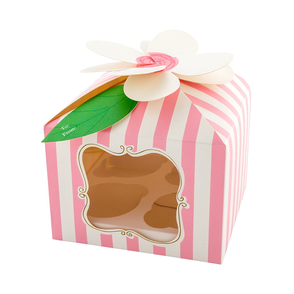 Pastry Tek Pink Paper Flower Top Cupcake Window Gift Box - Stripes ...