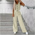 thumbnail image 2 of CHUMUD Women's 2 Piece Outfits Linen Vest Waistcoat Dressy Casual Sets Wide Leg Elastic Waist Pants Suits Solid Tracksuits Summer Going Out, 2 of 8