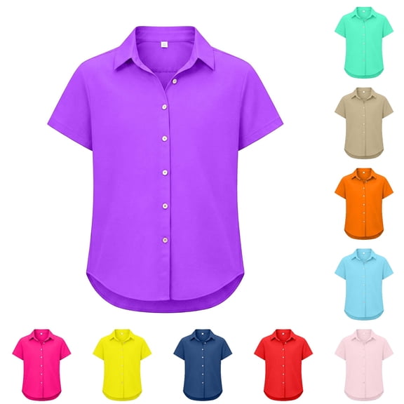 RMGVDSD Kids Girls Shirts Casual Short Sleeve Button Down Shirt Breathable Comfortable School Uniform Blouse Children's Wear 7-8 Years