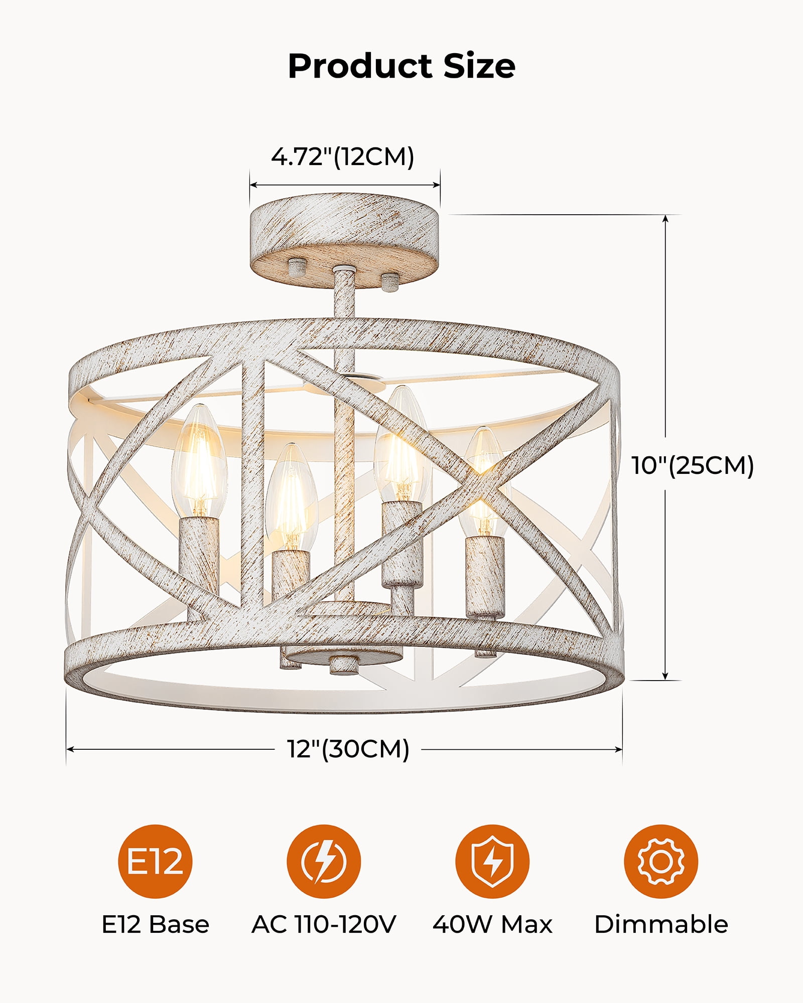 12" Semi Flush Mount Ceiling Light Fixture, 4-Light Farmhouse Modern Ceiling Light, Kitchen Lights, Hallway Light Fixtures, Ceiling Lamp for Entryway Dining Room Bedroom Laundry Lighting, White