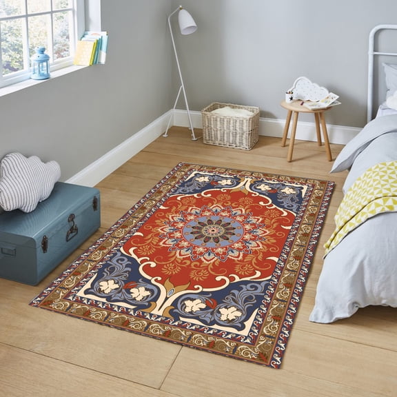 LaModaHome Non-Slip Rug Vintage Style Soft Red Rug Washable Mat Child Stain Resistant Living Room Kitchen Carpet - Size: 3X2ft(90X60cm)