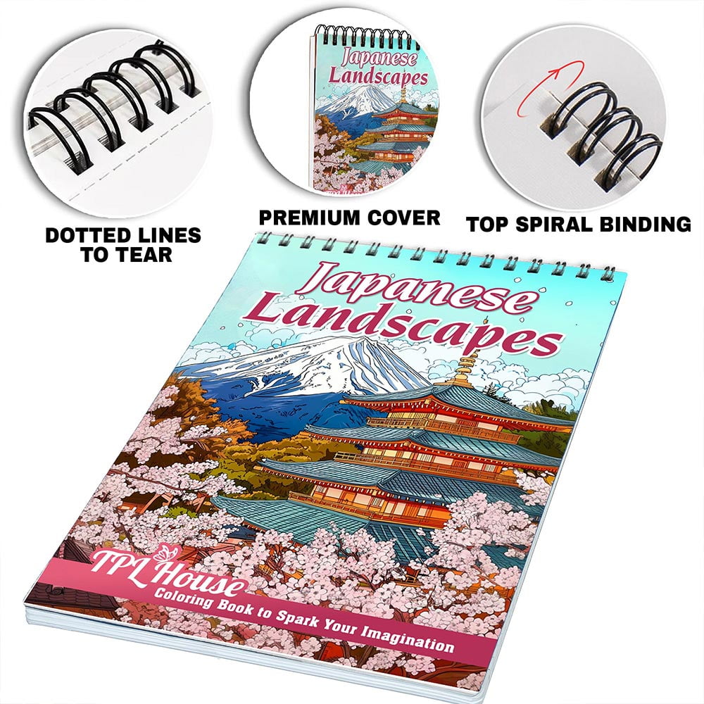 TPLHOUSE Japanese Landscapes Coloring Book for Adults, Spiral Bound, Soft Cover