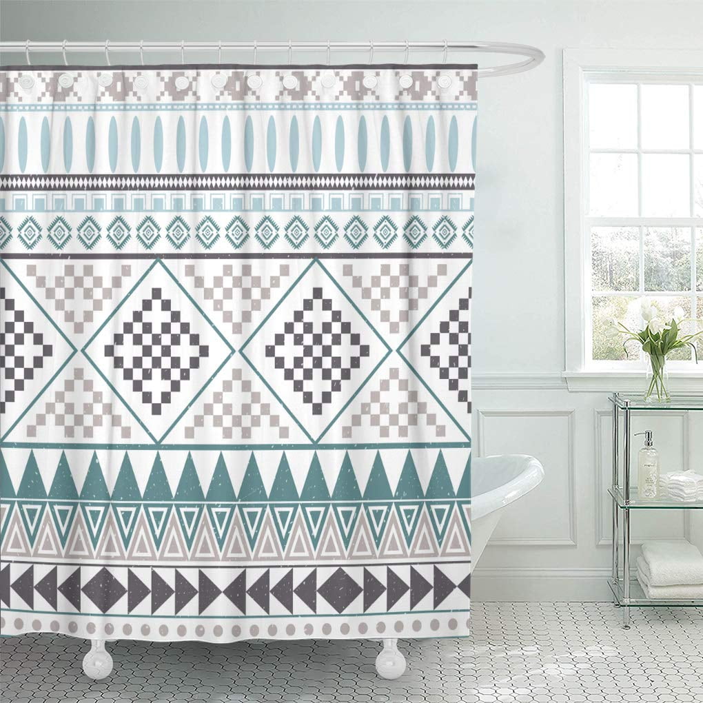 SUTTOM Black Abstract Aztec Ethnic Tribal Blue and Brown White Shower