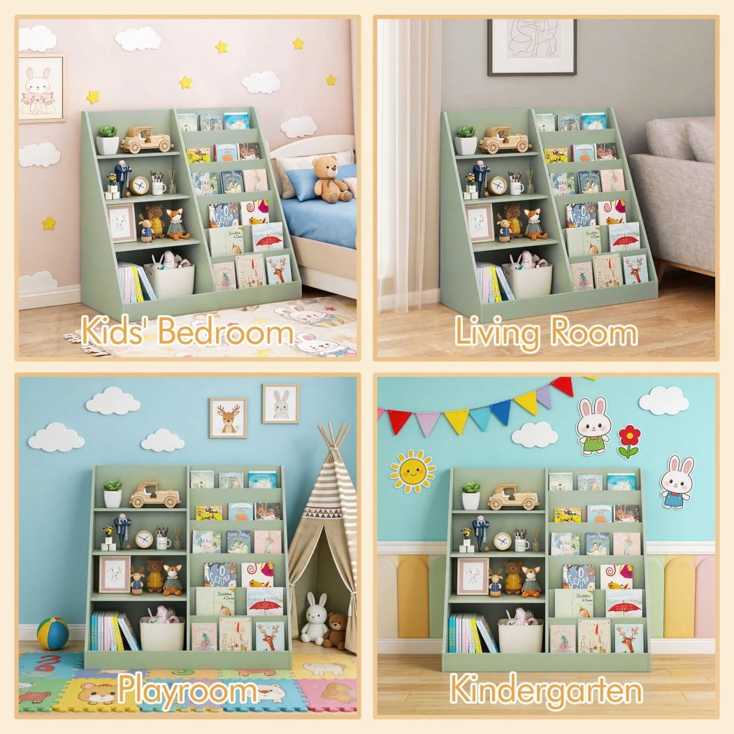 Kids Bookshelf and Toy Storage Organizer, Wooden Kids Bookcase with Multi-Level Shelves & Toy Storage, Children's Book Display Stand for Playroom, Nursery & Kids Room, Sage