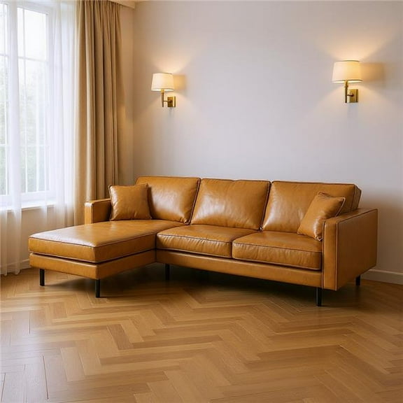 HomeRoots 607314 Tan Genuine Leather L Shaped Sofa & Chaise Sectional with Toss Pillows