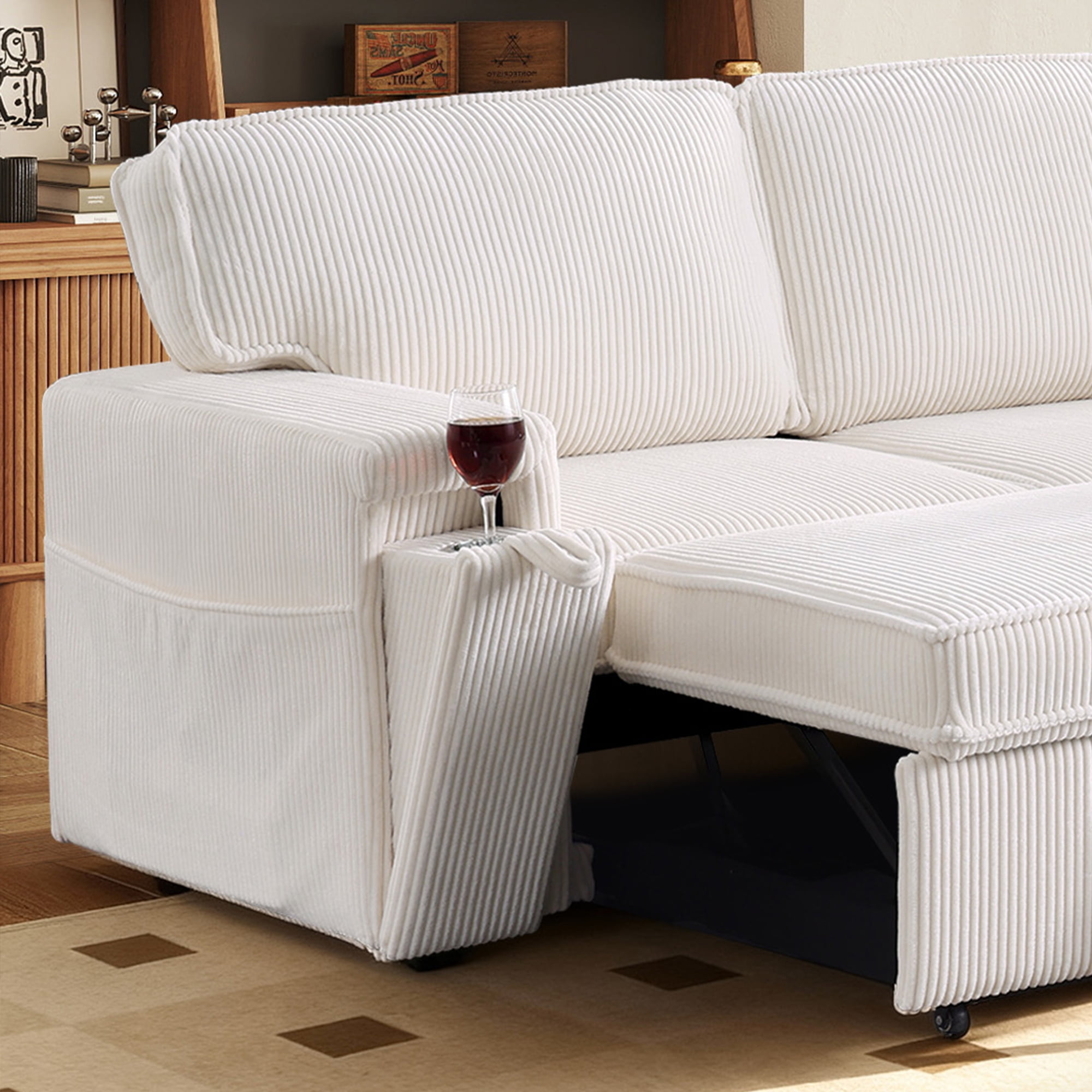 Aukfa Corduroy Pull Out Sofa Bed, Reversible Sectional Couch with Storage Chaise, Hidden Cup Holder, Beige