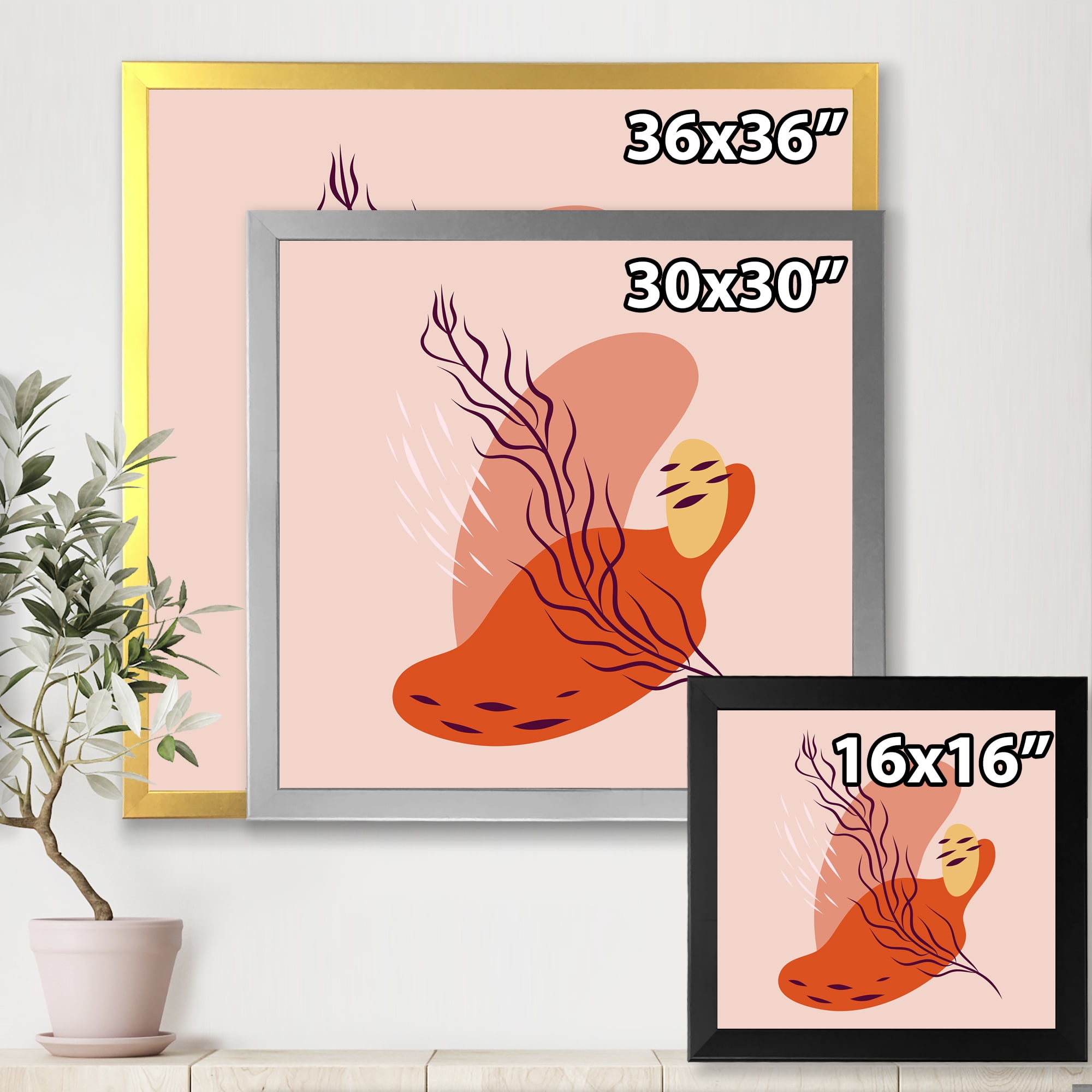 Abstract Warm Colors Spring Leaf 36 in x 36 in Framed Painting Canvas Art Print, by Designart