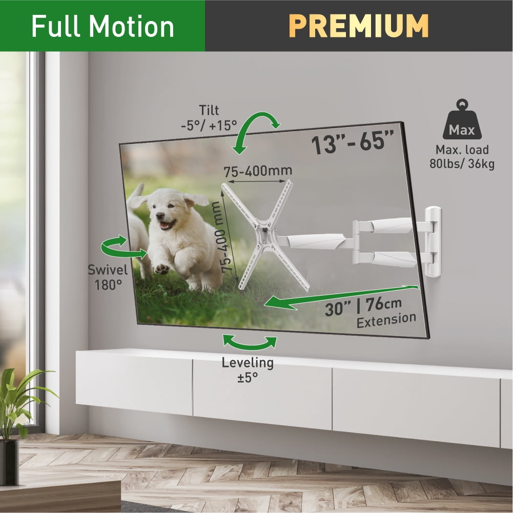Barkan Long White TV Wall Mount, 13 - 65 inch Full Motion Patented Premium Flat / Curved Screen Bracket, Holds up to 80lbs, Extremely Extendable, Fits LED OLED LCD