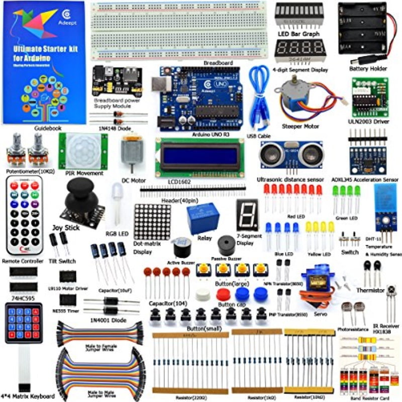 Adeept Ultimate Starter Kit for Arduino UNO R3 LCD1602 Relay Processing and C Code Servo Motor Beginner Starter Kit with 140 Pages Guidebook/Instructions Book