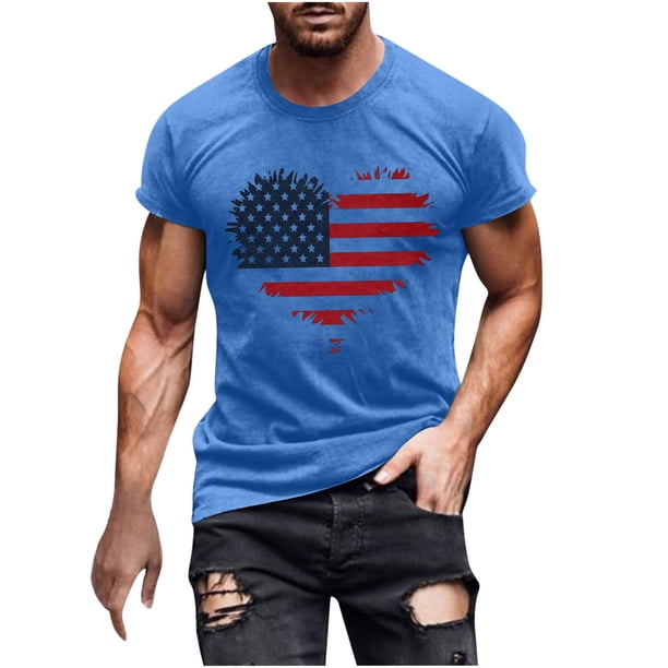 Mens Casual Manga Corta Botón Abajo Camisetas Estados Unidos Bandera Impresión Cuello Redondo Suéter Camiseta, Poliéster Casual Uso Diario para Hombres