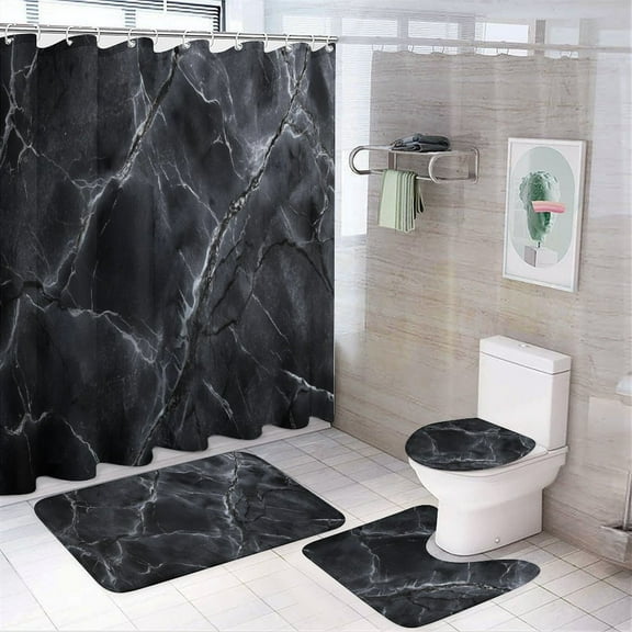 4 Pcs Marble Texture Shower Curtain Set with Non-Slip Rugs Bathroom Set Bathroom Carpet Bath Mat And Toilet Rugs