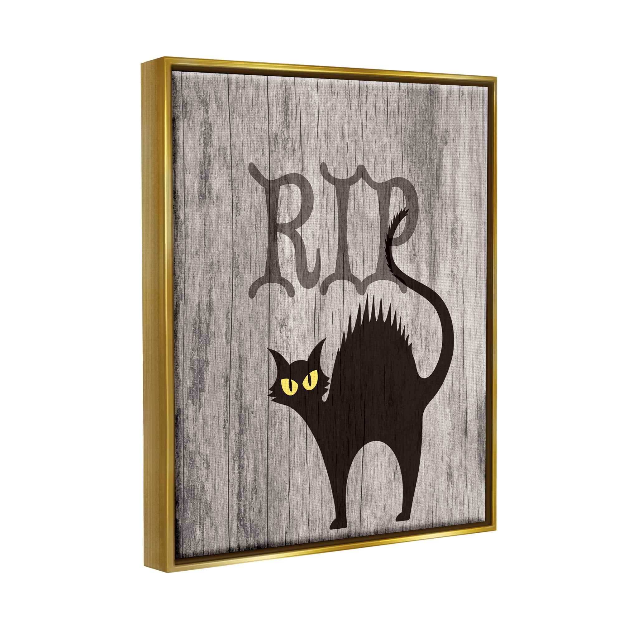 Stupell Industries RIP Halloween Cat Holiday Painting Gold Floater Framed Canvas Art Print Wall Art, 17 x 21