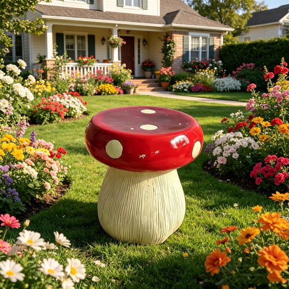 1 PCS Mushroom Statue Stool, Resin Garden Stool with Forest Base, Multi-Purpose Decorative Stool for Courtyard, Lawn, Indoor & Outdoor Summer Decoration 13.8" Oversized