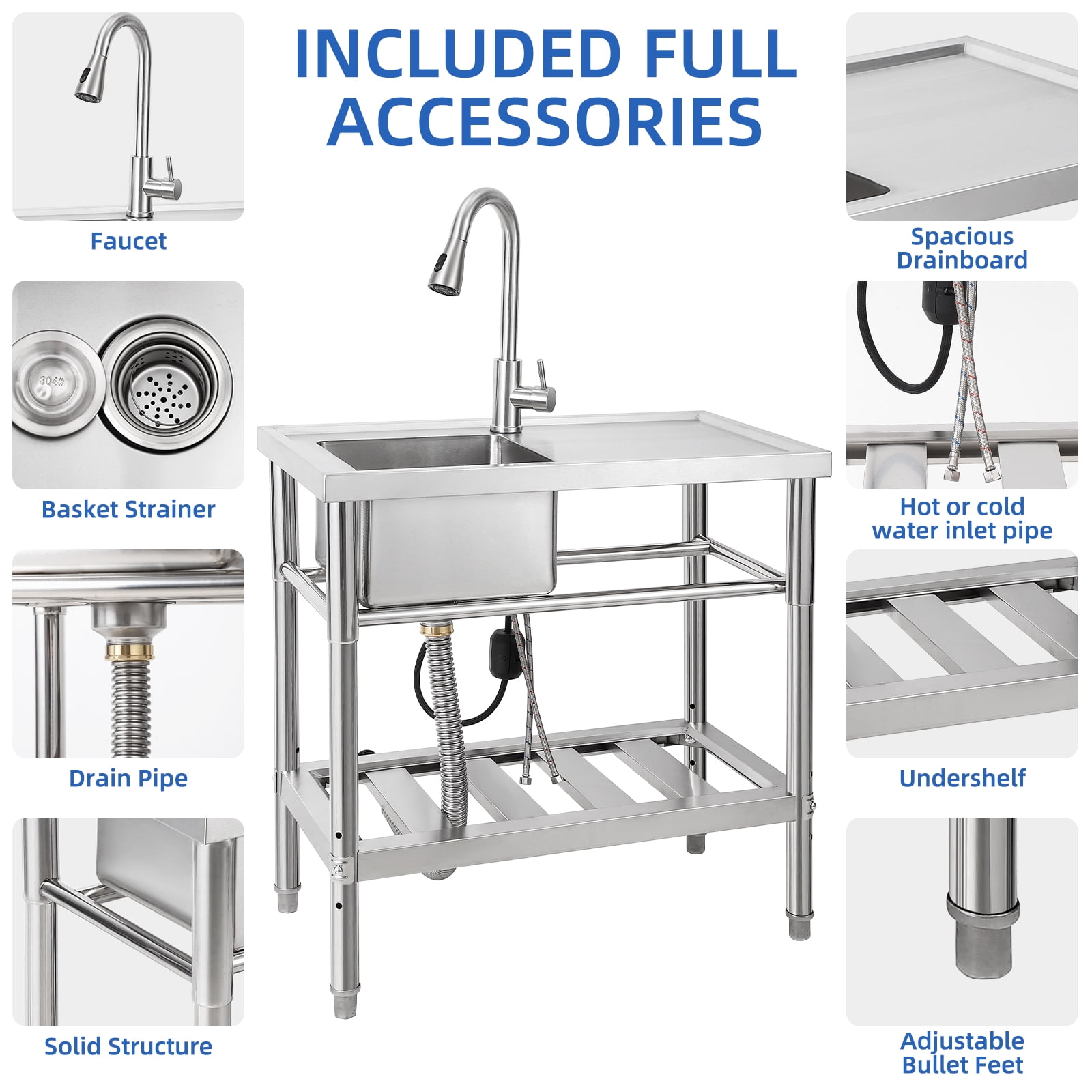 Huisuilinss Stainless Steel Sink Free Standing Single Bowl Kitchen Sink With Workbench Utility Sink With Hot & Cold Hoses For Laundry Room Farmhouse Bathroom Restaurant Garage