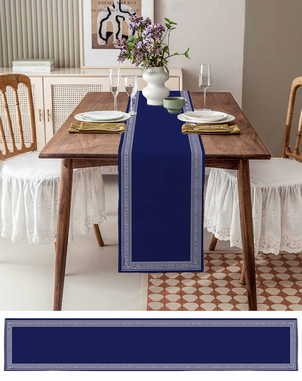 Navy Blue Geometric Burlap Cotton Table Runner 13x108 Inches Long, White Greek Key Farmhouse Farmhouse Table Runners, Outdoor Dining Tablecloths Decor for Baby Shower/Party/Wedding