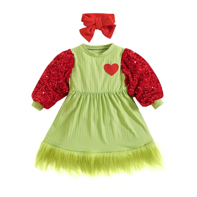 Honganda Robe de Noël Décontractée pour Filles 1 2 3 4 5 Ans Manches Longues Ourlet en Peluche Patchwork à Sequins avec Bandeau