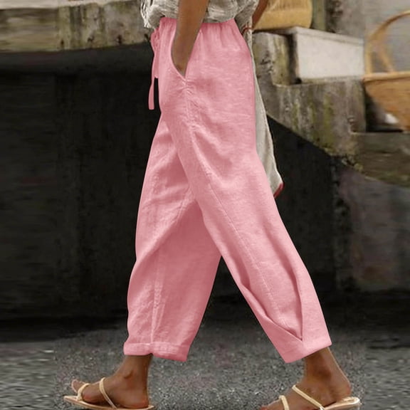 LEKWK Linen Pants Women Lightweight Elastic Drawstring Waist Casual Wide Leg Pants Summer Vacation Beach Lounge Pants with Pockets