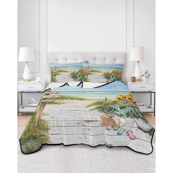 Quilts King Size, Beach Ocean Soft Comforter Bedding Set for Bed, Blue Sea Sunflower Modern Country Green Lightweight Quilted Bedspread with Pillow Cover(2 Pieces) for All Season, 96x106 Inch