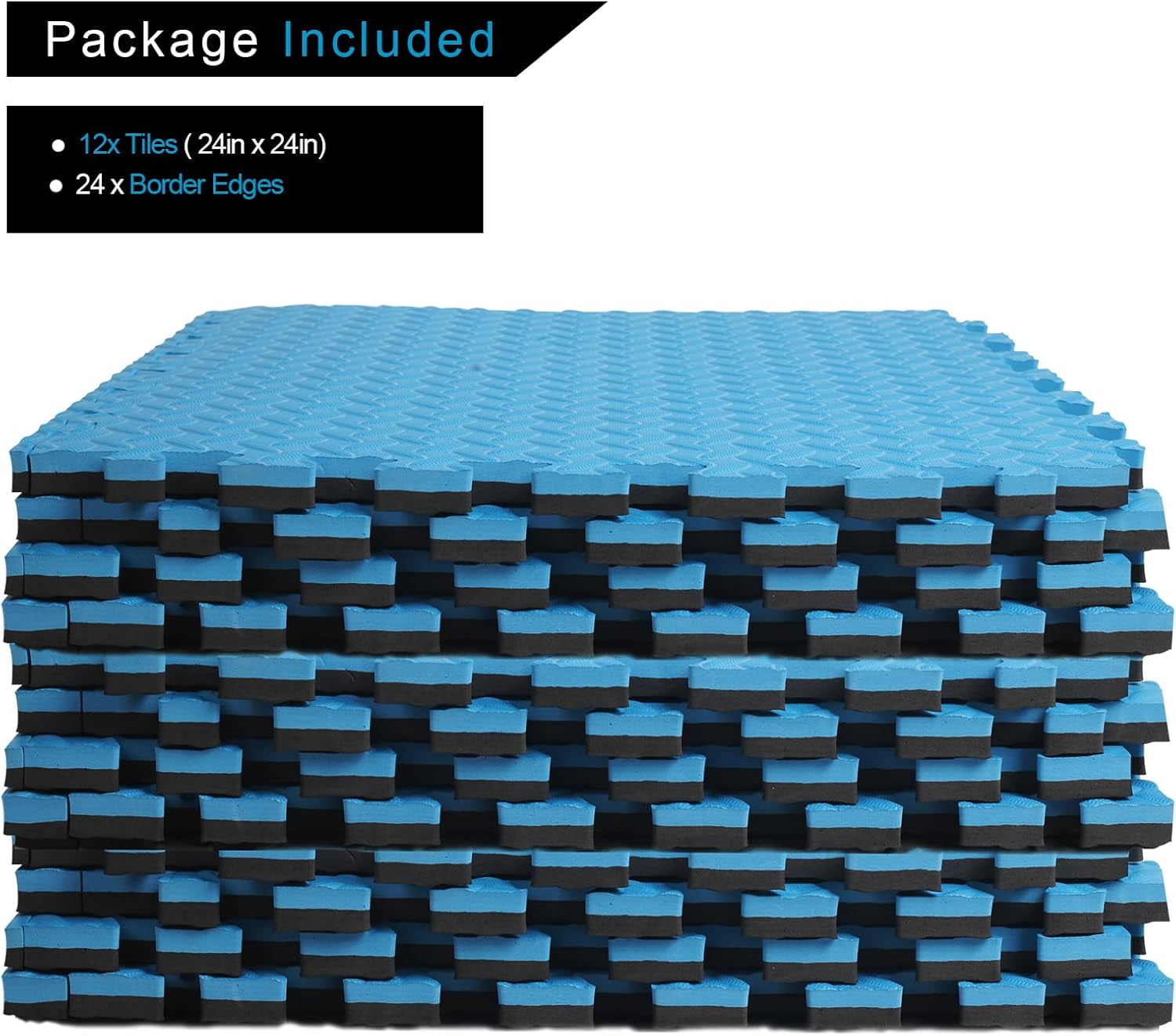 1 in Thick 48 Sq Ft EVA Foam Exercise Gym Mats 12 Pcs - Interlocking Puzzle Floor Tiles for Home Gym Heavy Workout Equipment Flooring - 24 x 24in Tile, Black & Blue