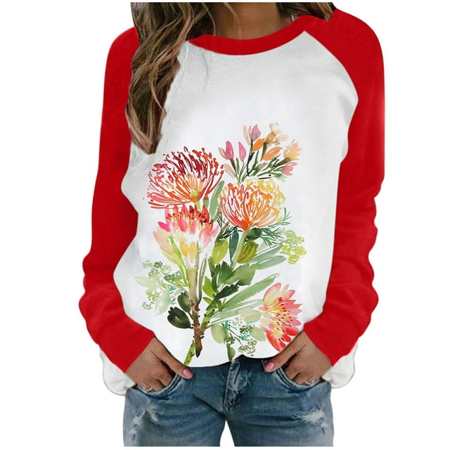 Pompotops Mode Femmes Printemps Automne Patchwork Imprimé Manches Longues Col Rond Casual Tee Tops