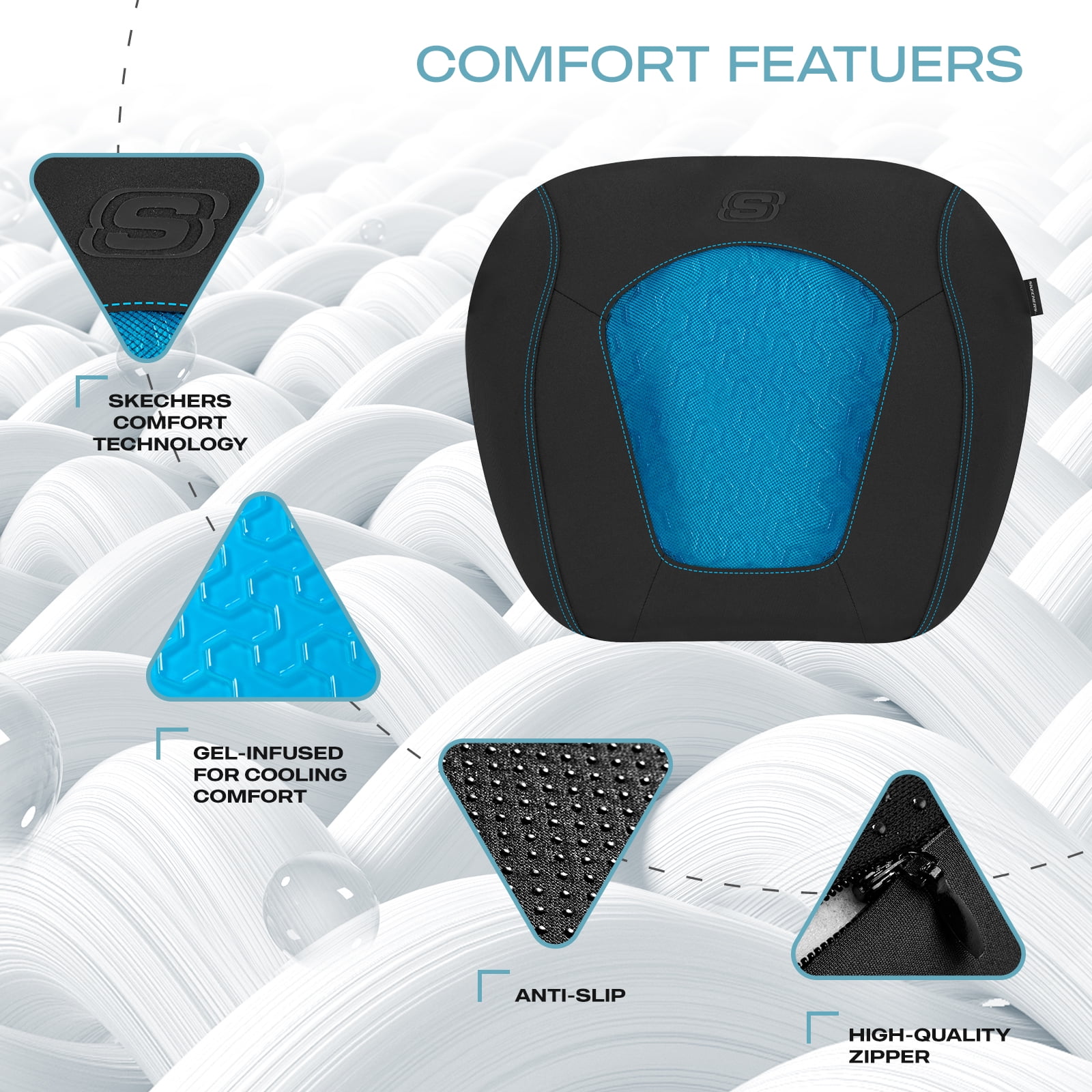 Skechers Car Seat Cushion, Gel Infused Memory Foam Seat Cushion, Cooling Breathable Car Cushion, Non-Slip Driving Seat Cushion, Ergonomic Support Cushion for Car Truck Office Chair, Black