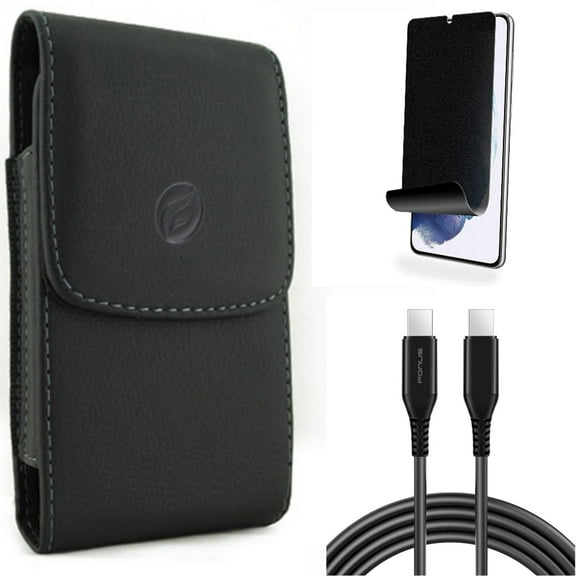 For Samsung Galaxy S21 (6.2") - Power PD Fast Charger Cord 10ft Long USB-C Cable   [Fingerprint Works] TPU Film Privacy Screen Protector   Holster Leather Case Belt Clip