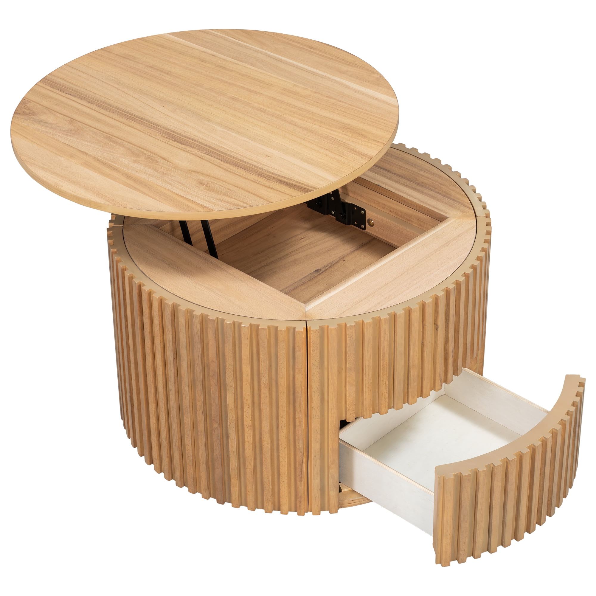Round Lift Top Coffee Table, Modern Fluted Wood Accent Coffee Table with Hidden Storage for Living Room