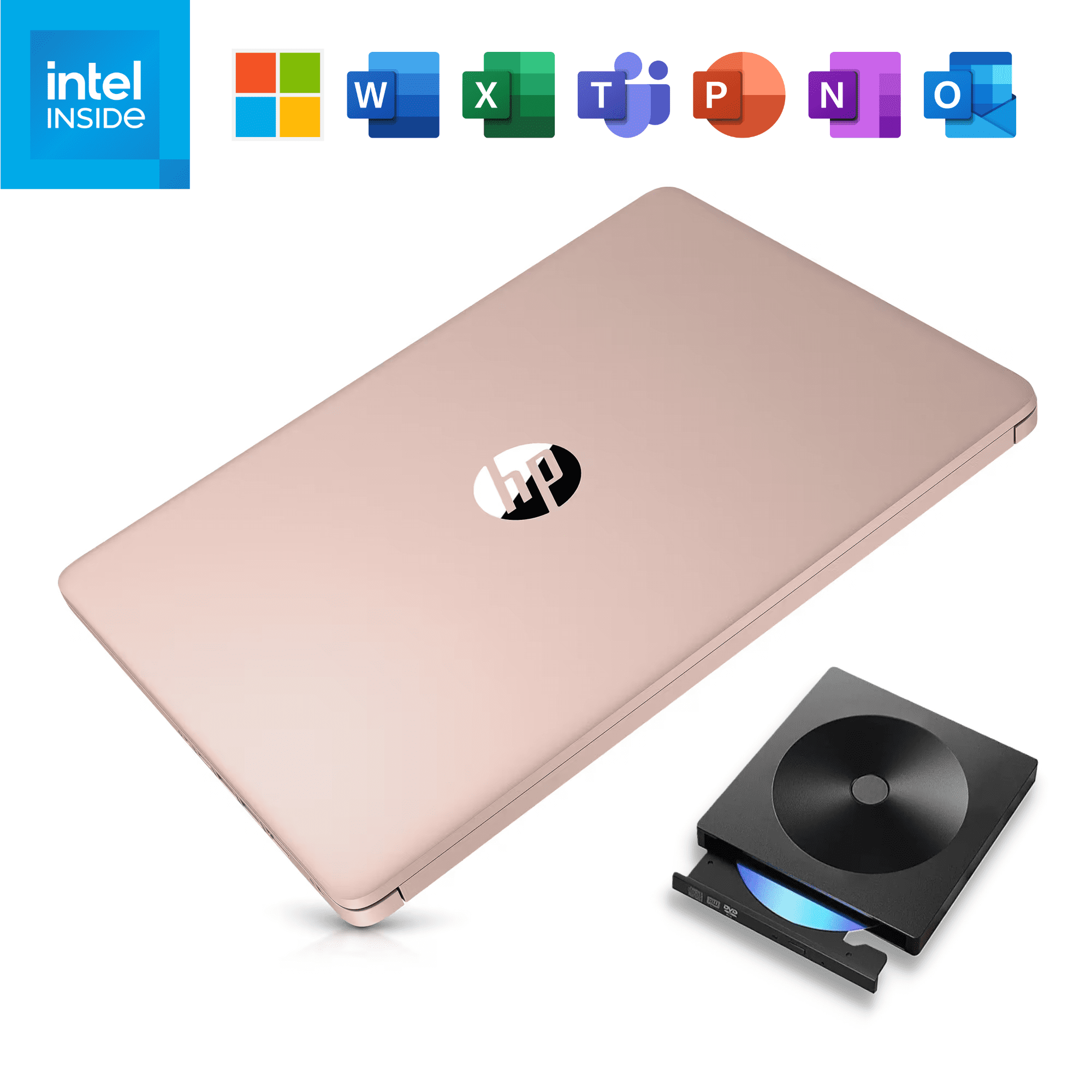 HP 14 inch Laptop Ultra Thin, 1-Year Office 365 included, Intel N4500 Processor, 16GB RAM, 64GB EMMC+512GB SSD, HDMI, Windows 11 S, Free Wireless Mouse (Rose Gold)
