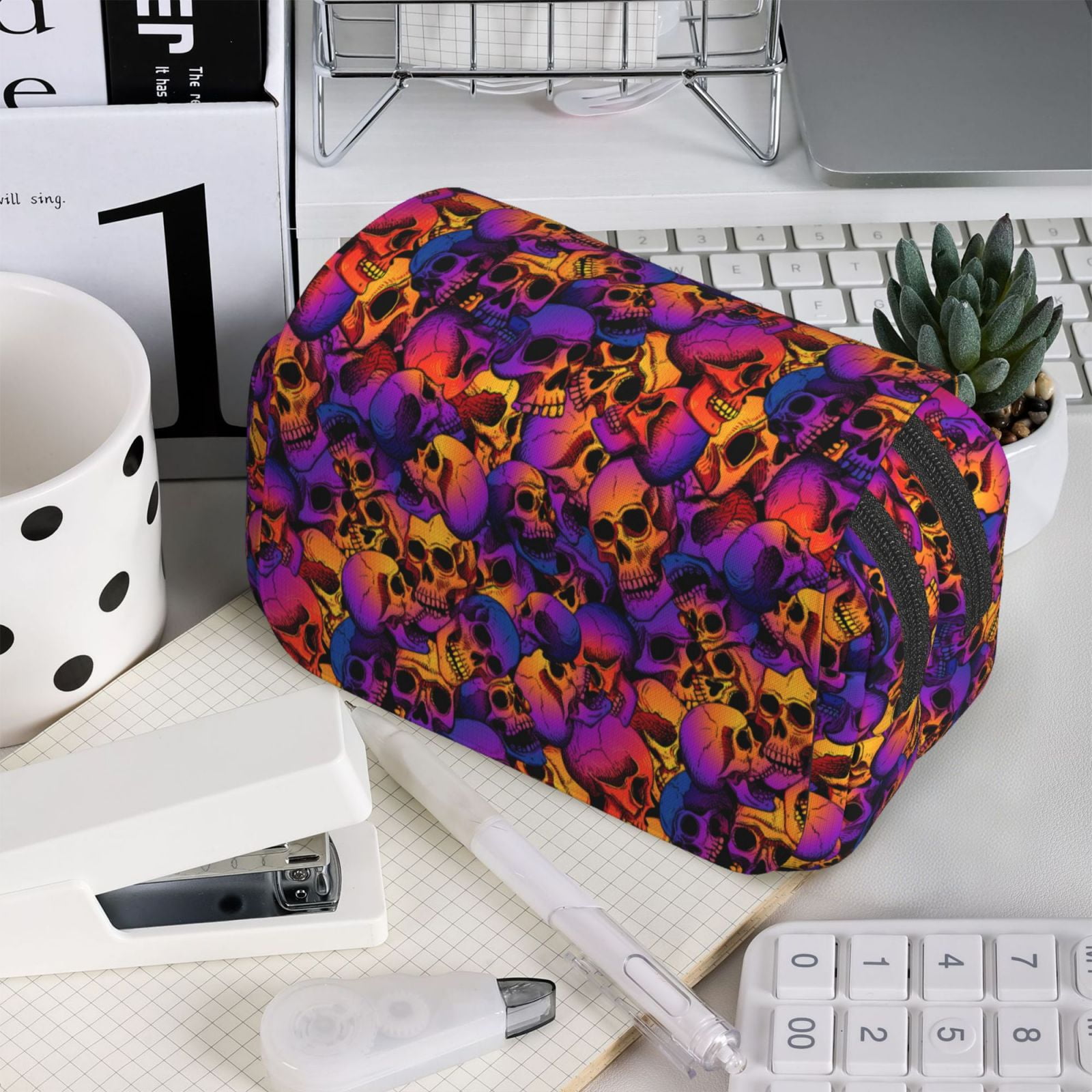 Rateoe Skull Pattern Double Clamshell Pen Case, Storage Organizer with Two Zipper Compartments– Holds Up to 50 Pencils & Pens
