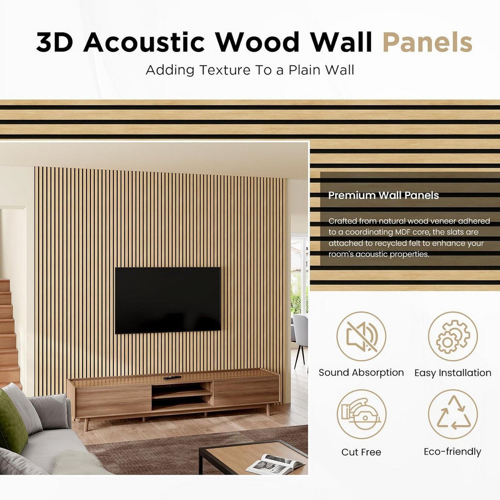 Easy4Home 4Pcs Wood Slat Acoustic Panels 94.5" x 12.6" Soundproof Wall Panels,White Oak