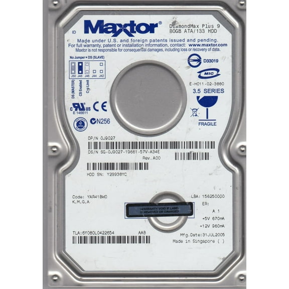 6Y080L0, Code YAR41BW0, KMGA, Maxtor 80GB IDE 3.5 Hard Drive