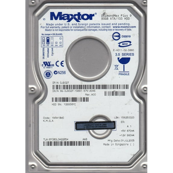 6Y080L0, Code YAR41BW0, KMGA, Maxtor 80GB IDE 3.5 Hard Drive
