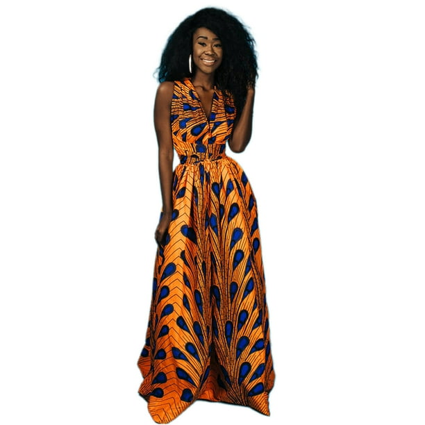 Vestido africano sexy para mujer Vestido largo maxi Vestido con cuello en V Vestido multidireccional Vestido plisado Estampado floral - Naranja Adepaton BST3005874-4