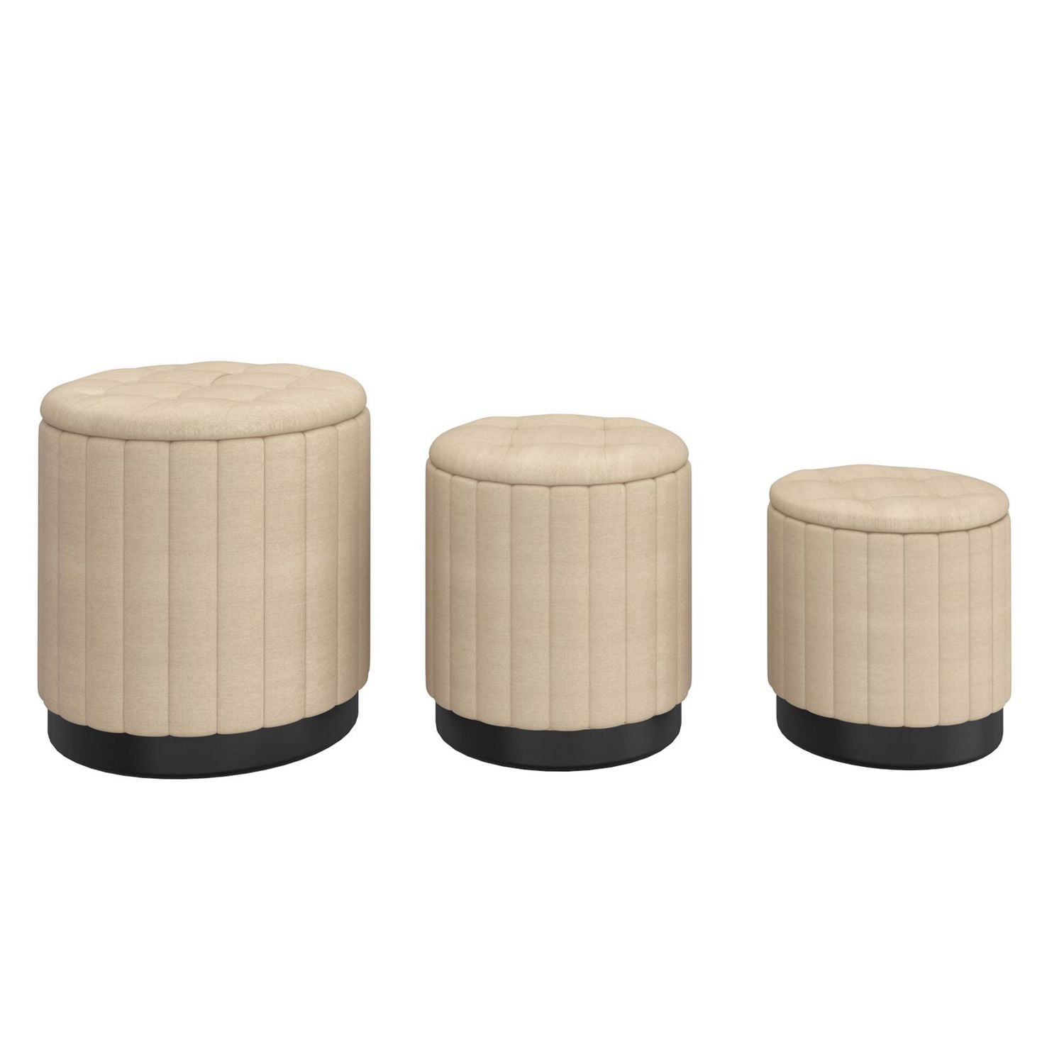 Ensemble de 3 ottomanes de rangement rondes modernes en tissu et en acier inoxydable – beige et noir