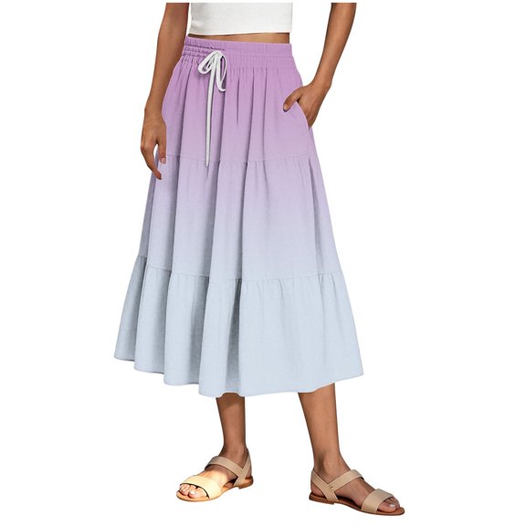 LNWUY Maxi Skorts Skirt for Women Summer Gradient Prints High Waisted Elastic Waist Long Skirt A-Line Long Skirts with Pocket Purple XXL