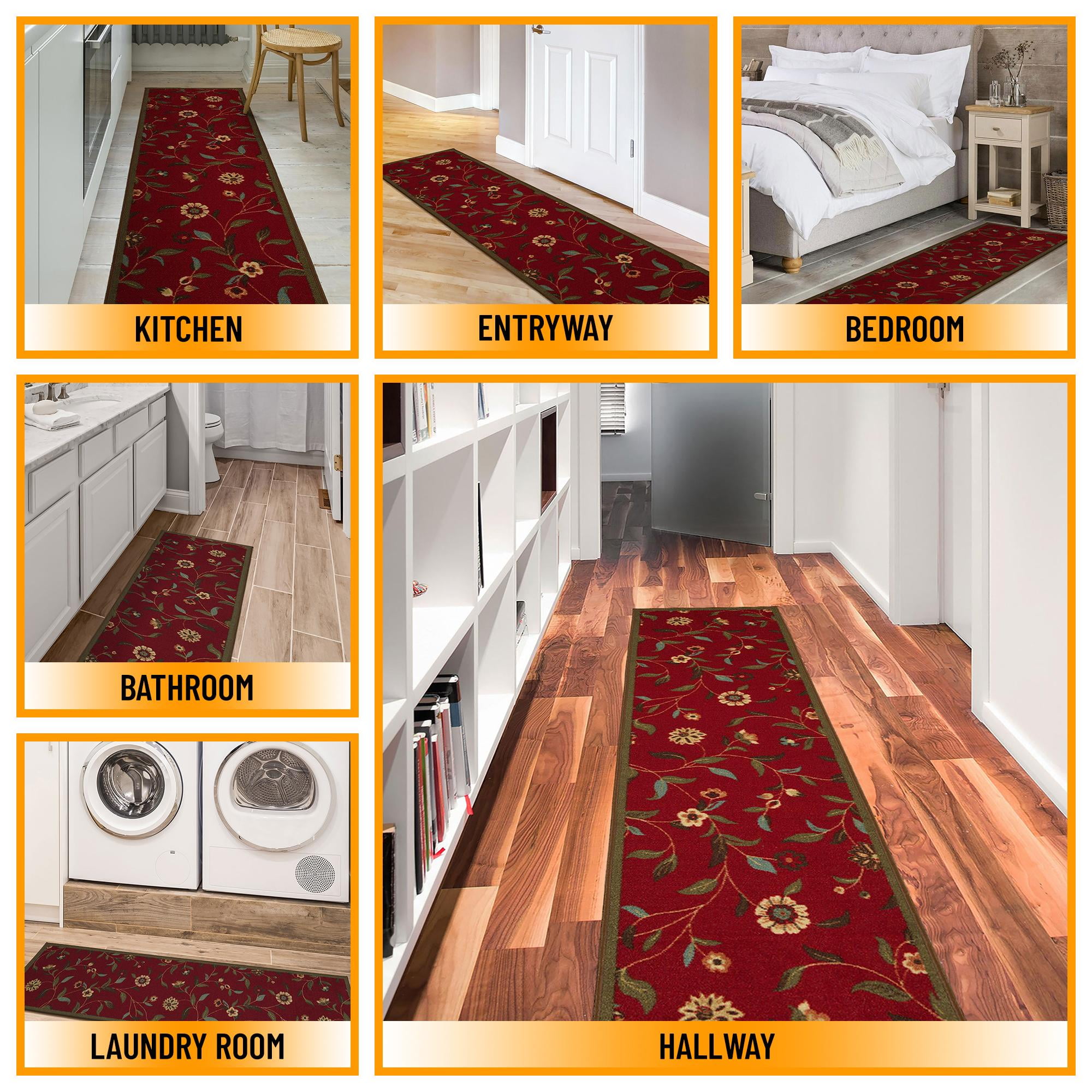 Ottomanson Floral Kitchen Runner Rug 1'10" x 6' - Non Slip Low Pile Carpet, Red