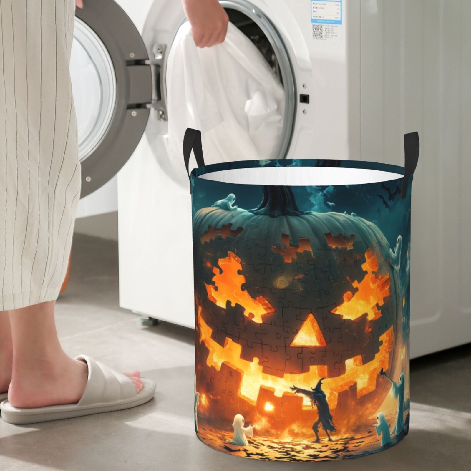 Large Laundry Basket with Handles - Halloween Ghost Puzzle Pumpkin A Kids Baby Dirty Clothes Laundry Hamper for Bedroom Aesthetic