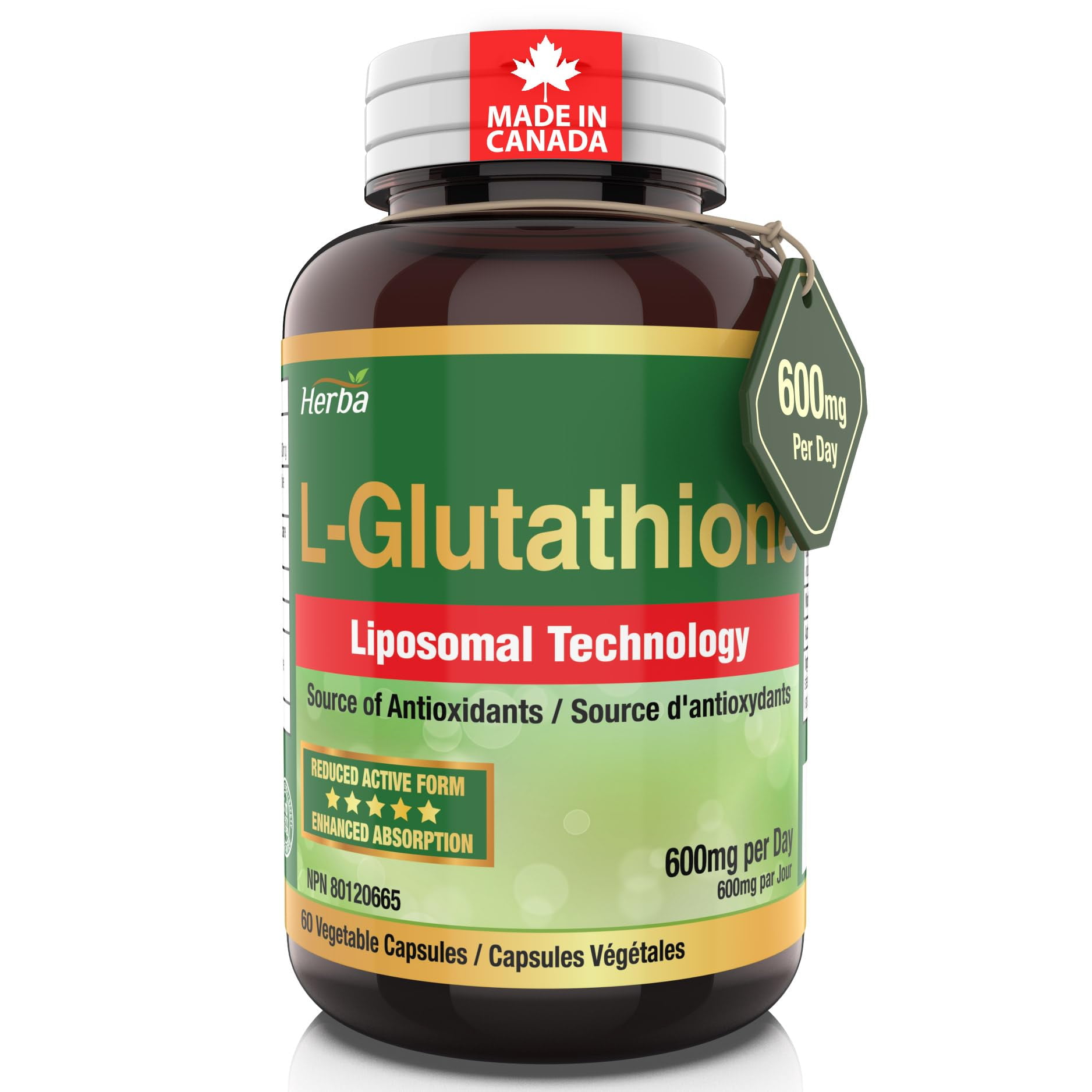 glutathione amazon canada Herba Liposomal Glutathione Supplement - 600mg Per Day | 60 Vegetable  Capsules | Made in Canada