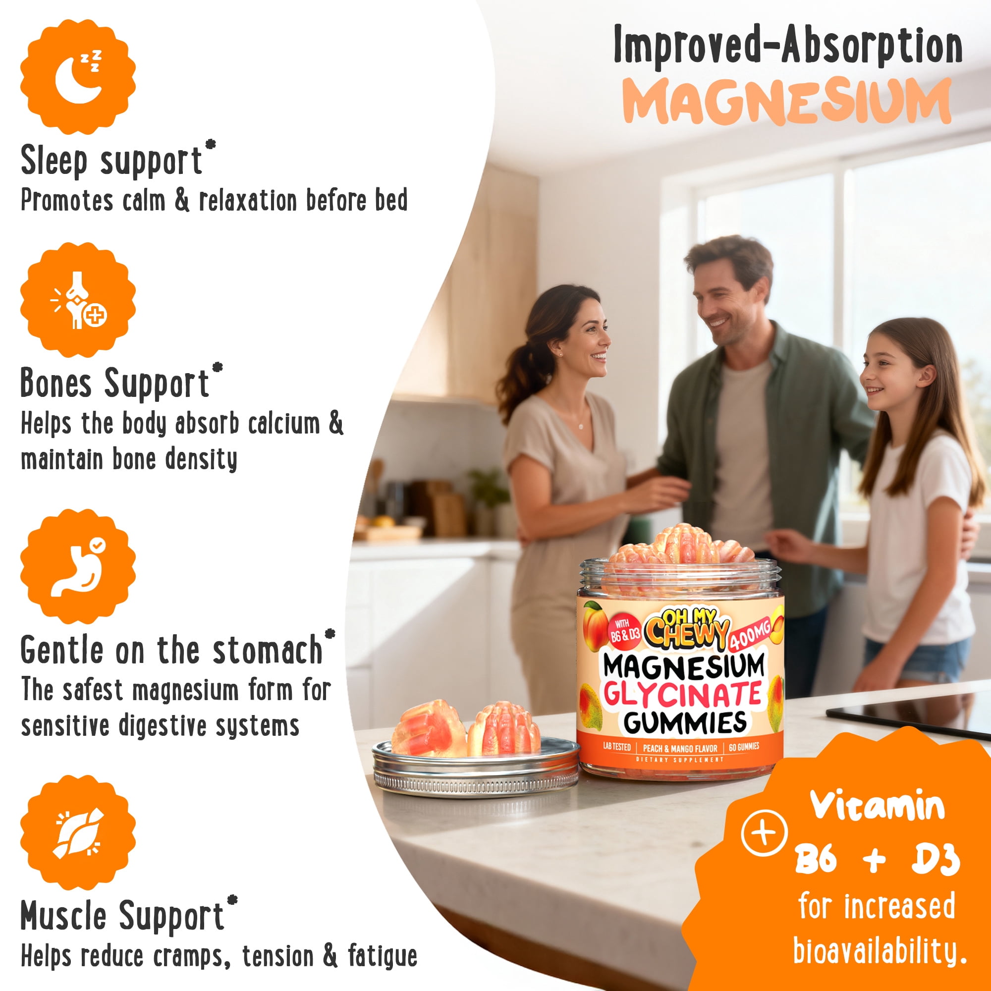Center-Filled Magnesium Glycinate Gummies 400MG - High Absorption for Kids, Teens & Adults - Supplement for Sleep, Calm & Muscle Relaxation with B6 & D3 - Gluten Free & Vegan Friendly - 60 Count