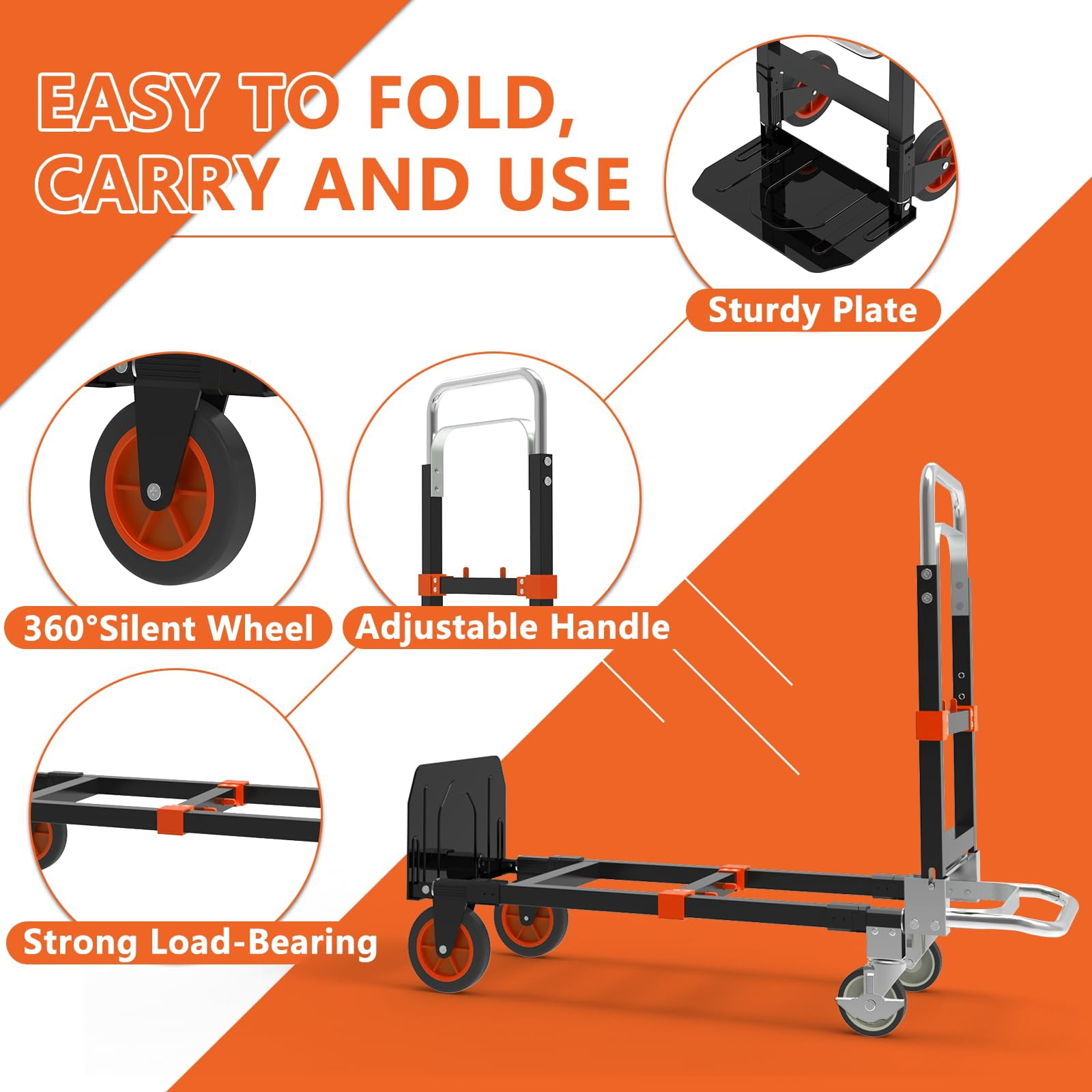 3-in-1 Heavy Duty Folding Dolly, Convertible Hand Truck Portable Steel with Telescopic Handle & Dolly Cart with Rubber Wheels, 580LB Capacity,Orange