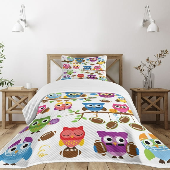 Ambesonne Owls Quilted Bedspread Set 2 Pcs, Cheerleader League Team, Twin Size, Multicolor