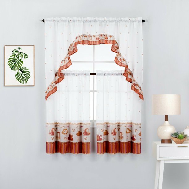 3 Piece Coffee Printed Kitchen Window Curtain Panel Tiers and Swag