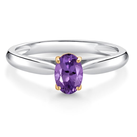 Gem Stone King 0.45 Ct Oval Purple Amethyst 925 Silver and 10K Yellow Gold Solitaire Engagement Ring (Size 5)