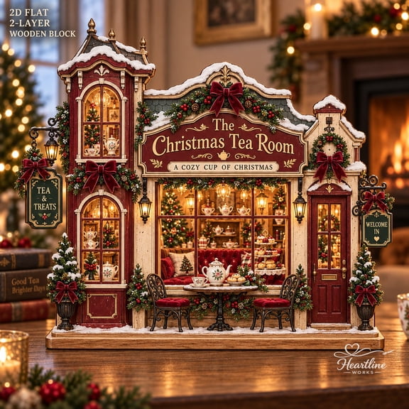 Christmas Tea Room 2-Layer Wooden Block Holiday Tabletop Decor