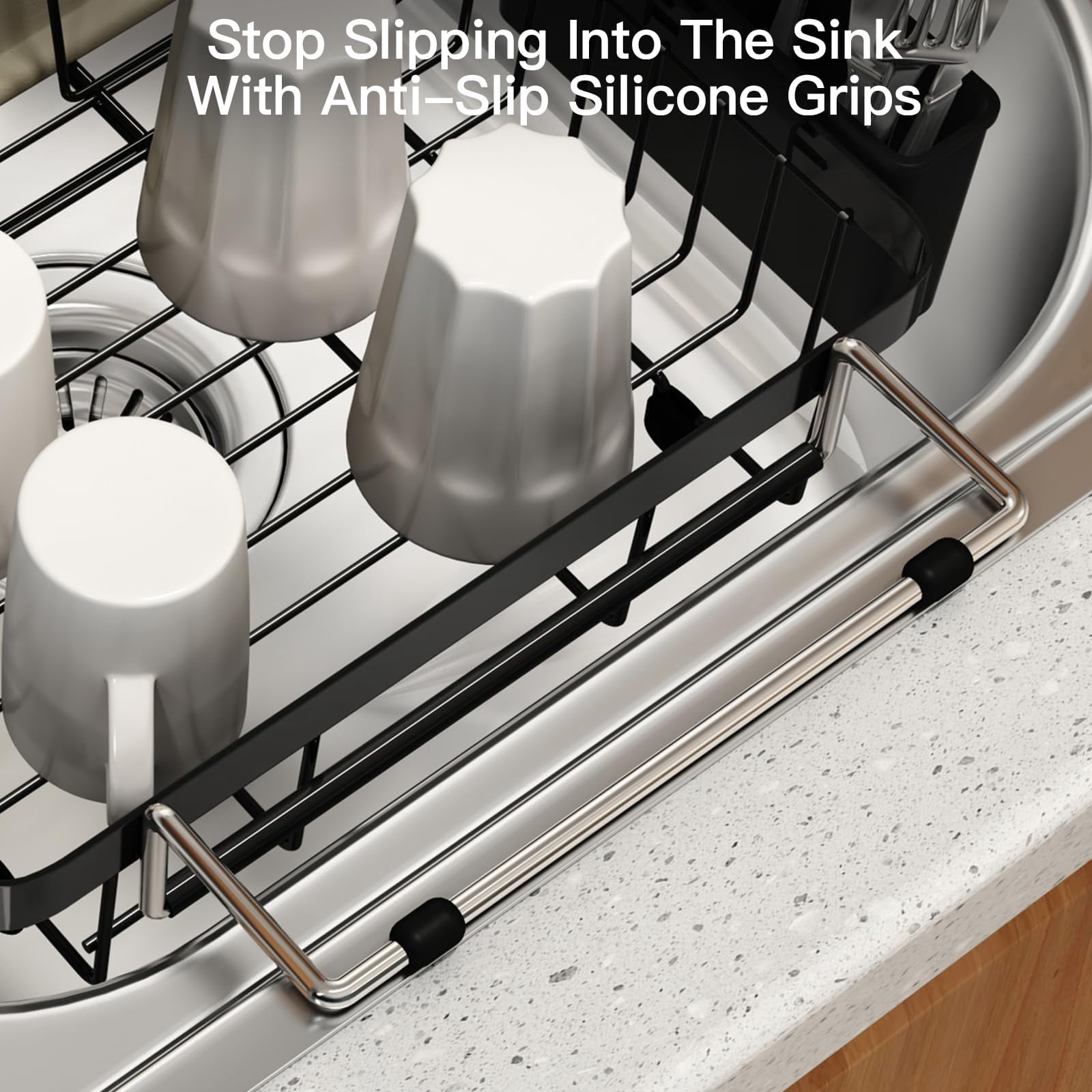 Expandable Stainless Steel Over The Sink Dish Drying Rack For Small Kitchen Counter Space Saving  Compact Rv Plate Drainer Strainer In Black Wire Metal With Hanging Adjustable Utensil Holder