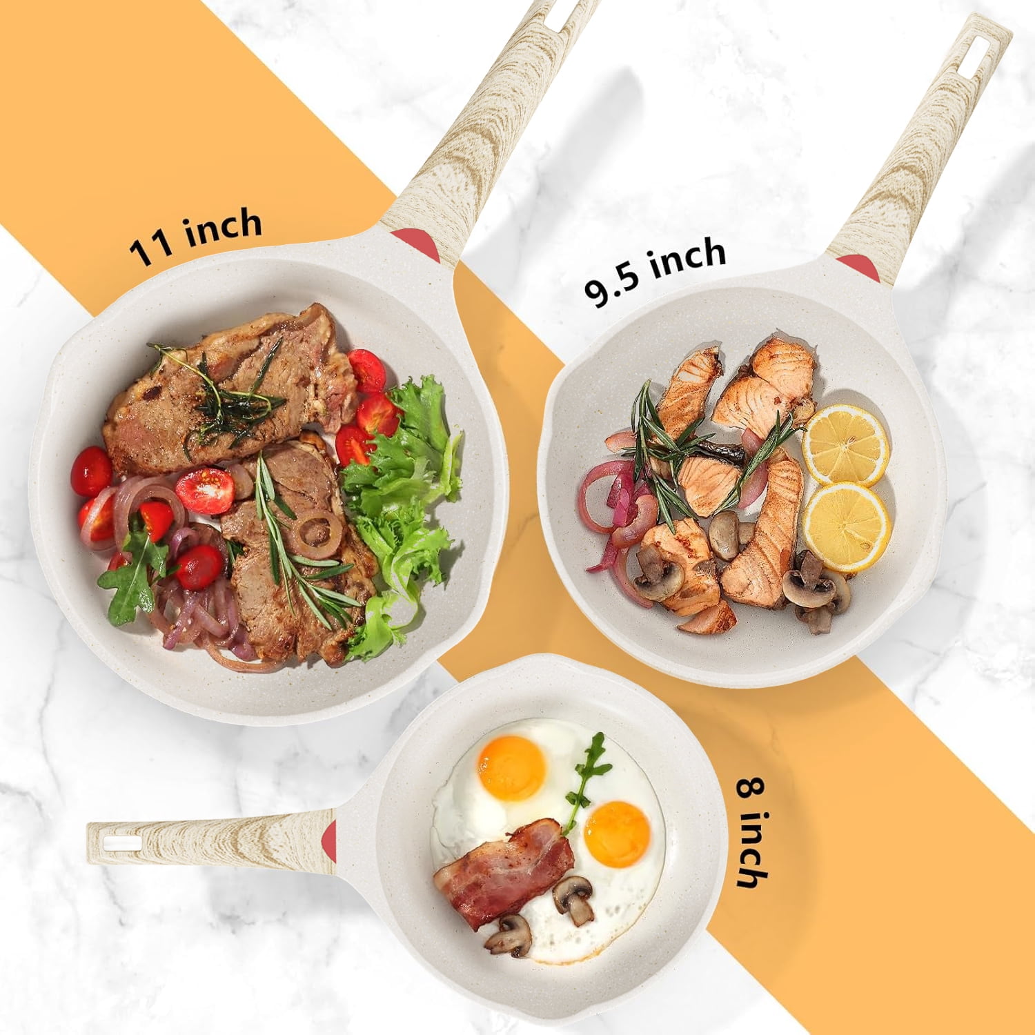 Caannasweis Nonstick Granite Frying Pan Set, 3 Pieces, Aluminum Cooking Pans, Beige